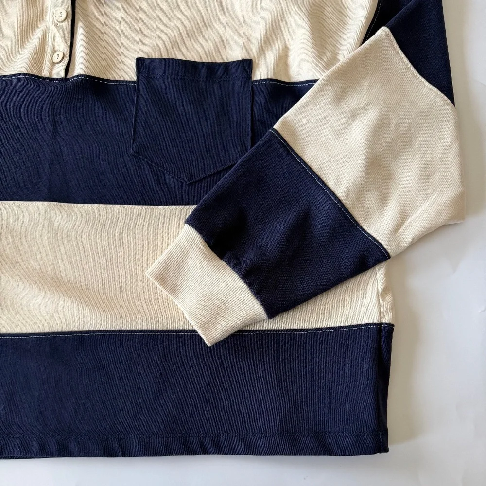 Long Sleeve Navy and Cream Stripe Button-Down Shirt - Picture 3 of 7